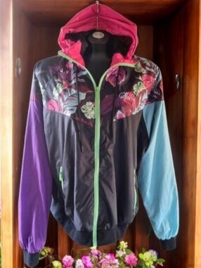 Y&R Young & Reckless Nylon Floral Vtg Y2K Oversized Windbreaker Jacket with Hood